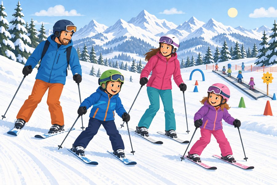 AI-generierte Illustration einer Familie beim Skifahren auf einem verschneiten Übungshang, passend zum Winter-Skiurlaub am Lago Maggiore.